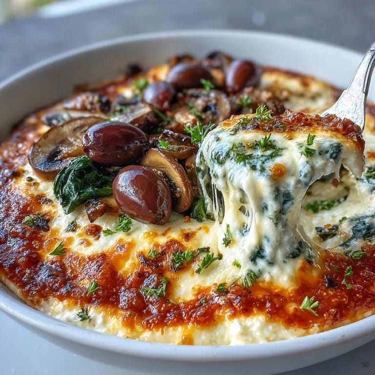 Spoonful of savory Cottage Cheese Pizza Bowl featuring rich marinara sauce, mushrooms, and melted mozzarella, perfect for a low-carb meal.