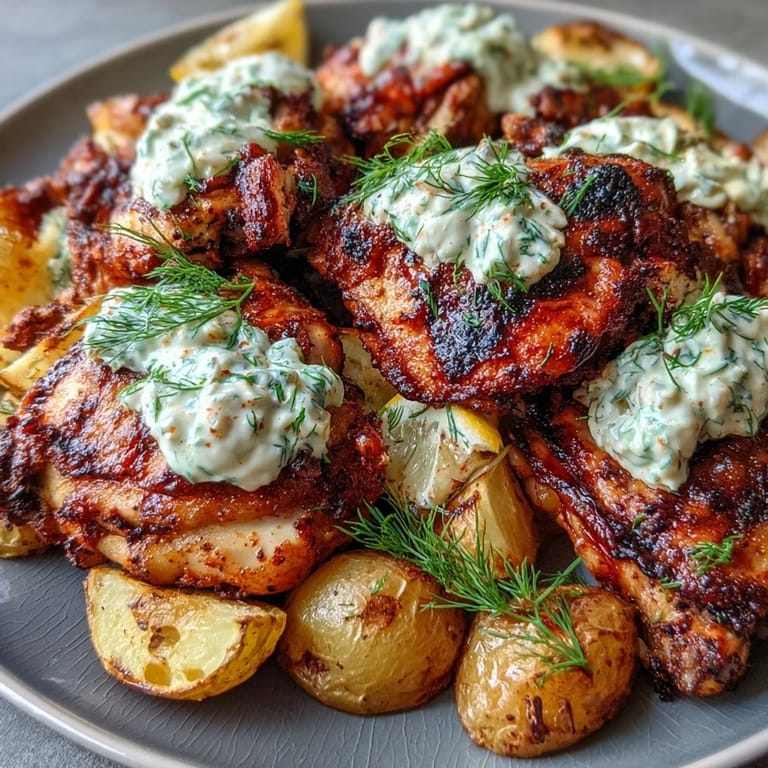 Tender chicken thighs marinated in spicy yogurt, topped with tangy feta cream and crispy baby potatoes.