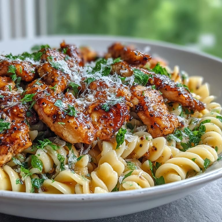 A close-up of Honey Pepper Chicken Pasta in a white bowl, highlighting garlic flecks and fresh parsley garnish.