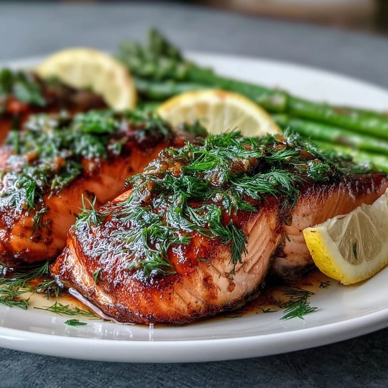 Freshly cooked Marry Me Salmon fillets topped with vibrant dill and minced garlic, ready to be served hot from the oven.