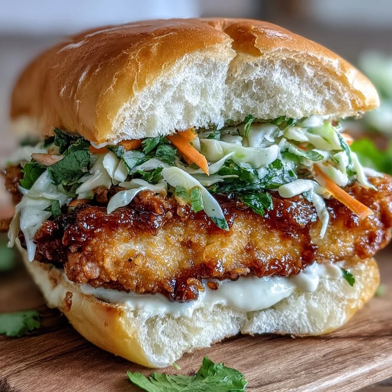 Spicy Thai Fried Chicken Sandwich stacked with pickled carrots and shredded cabbage, served on a soft bun.