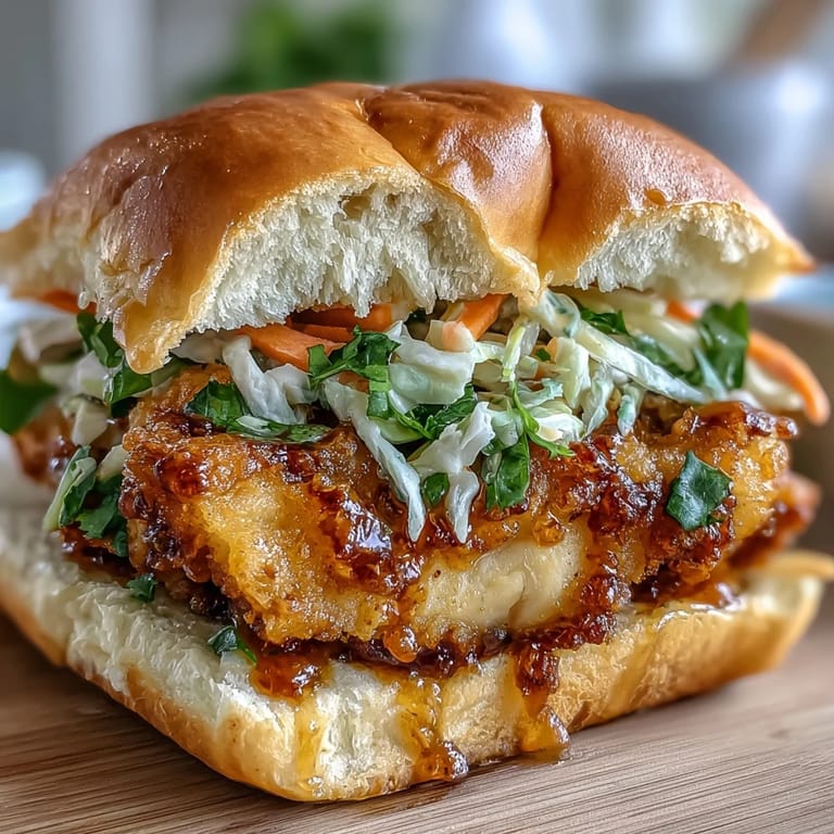 Thai Fried Chicken Sandwich oozing creamy sriracha mayo, with crispy fried chicken and colorful veggies inside.