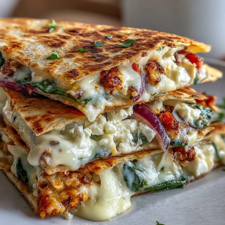 Freshly sliced wedges of Mediterranean Quesadillas with Spinach, Feta, Mozzarella, and Red Onion revealing the melted filling.