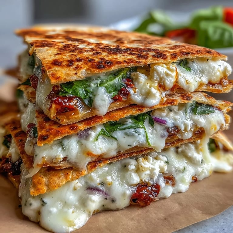 Cheese pull shot of Mediterranean Quesadillas with Spinach, Feta, Mozzarella, and Red Onion served warm with a side of tzatziki.