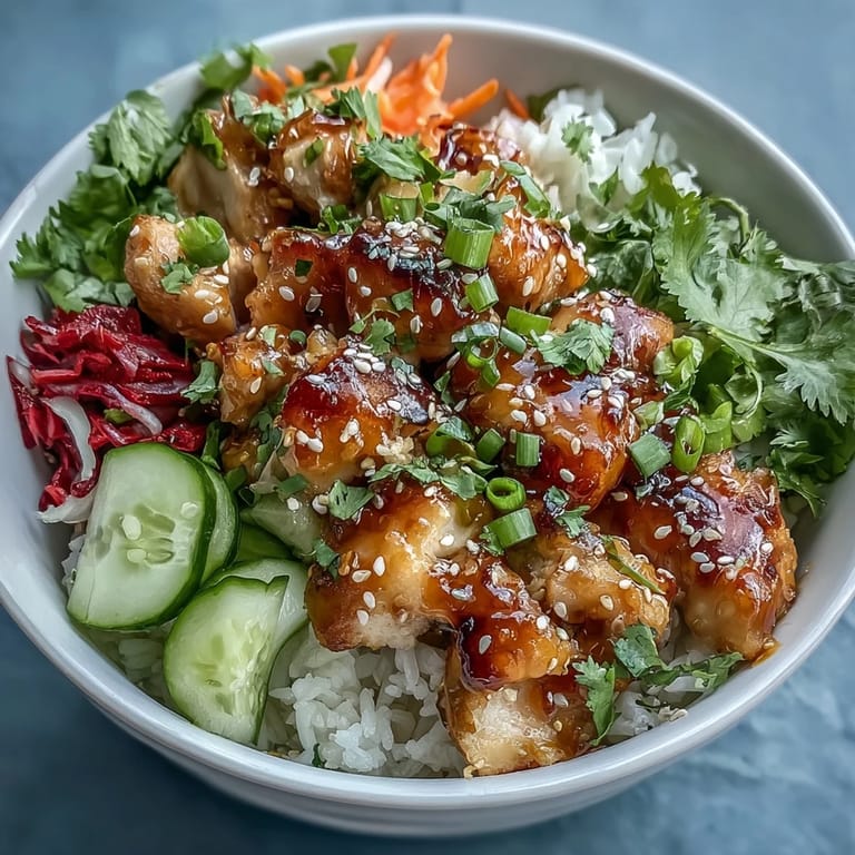 Top-down photo of a Bang Bang Chicken Bowl with sliced cucumbers, carrots, and a generous drizzle of spicy, creamy sauce.