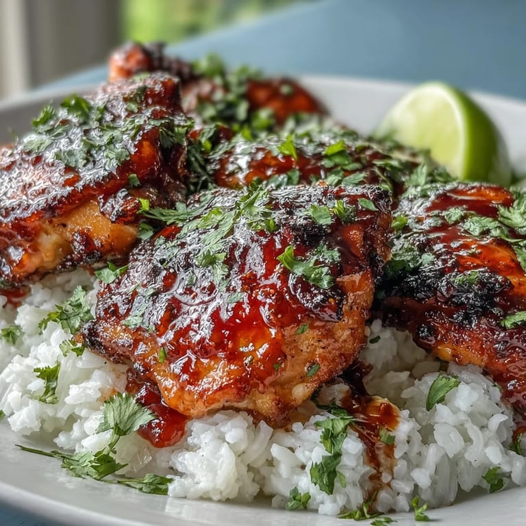 Baked Spicy Maple Chicken is served over aromatic coconut rice, with vibrant green cilantro and bright lime wedges nearby.