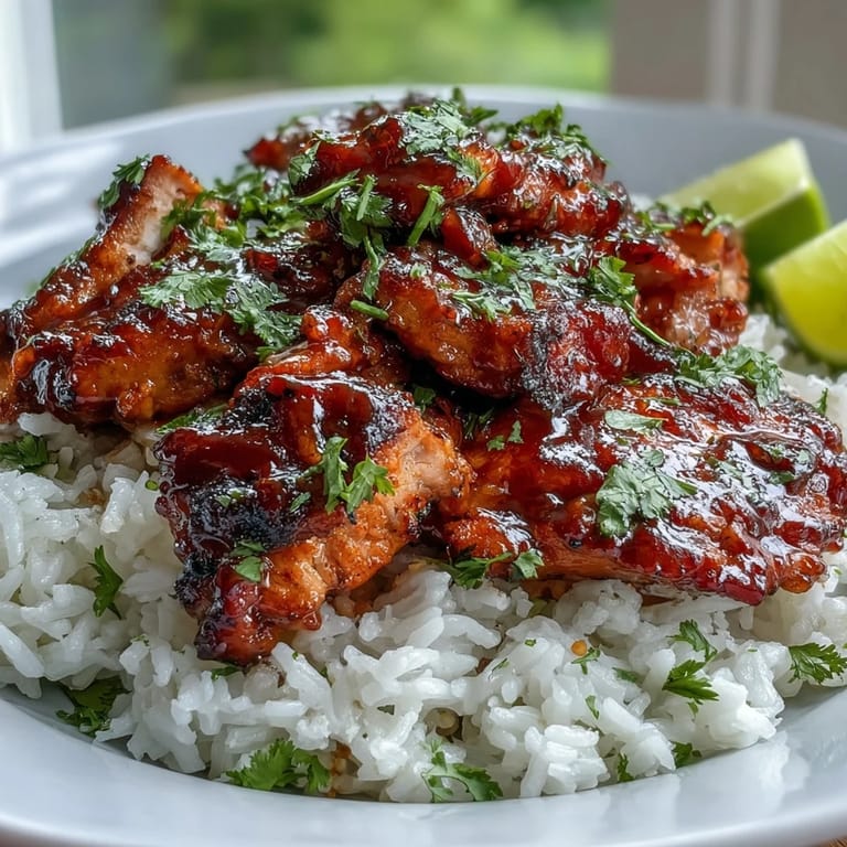 Close-up of Spicy Maple Chicken with a glossy sriracha-maple glaze beside steaming, creamy coconut rice in a white bowl.