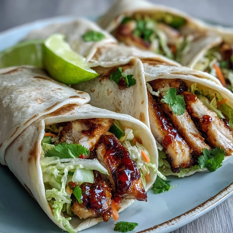 A close up view of a Sweet Chili Chicken Wrap featuring tender marinated chicken, diced cucumbers, and a drizzle of sauce.