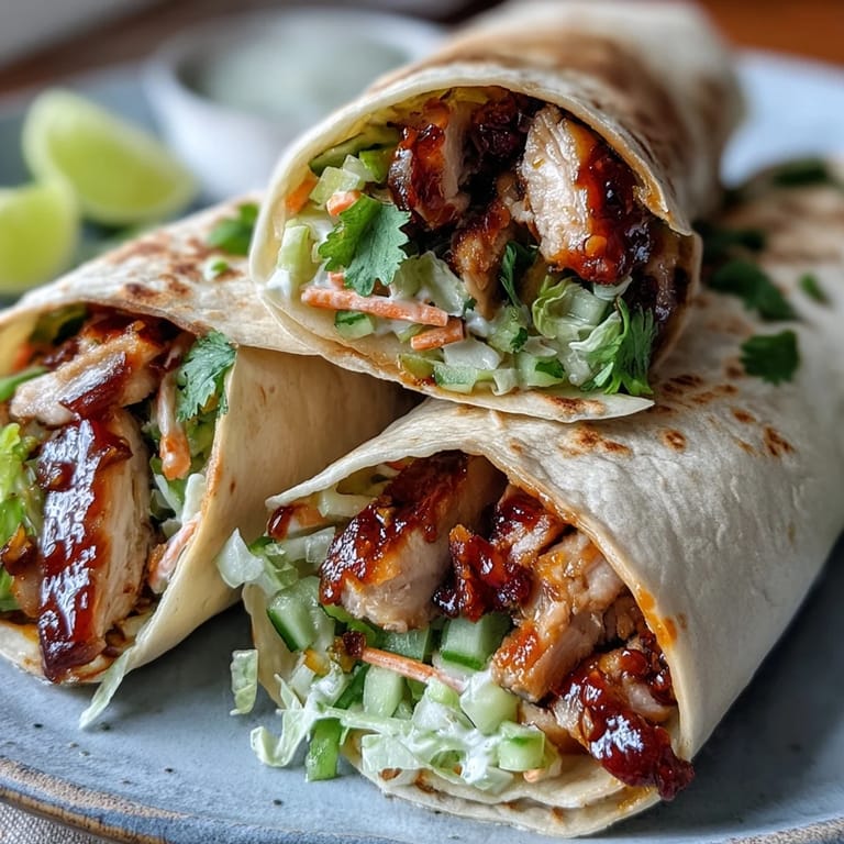 Four sliced Sweet Chili Chicken Wraps displayed on a wooden board, garnished with cilantro and served with lime wedges.