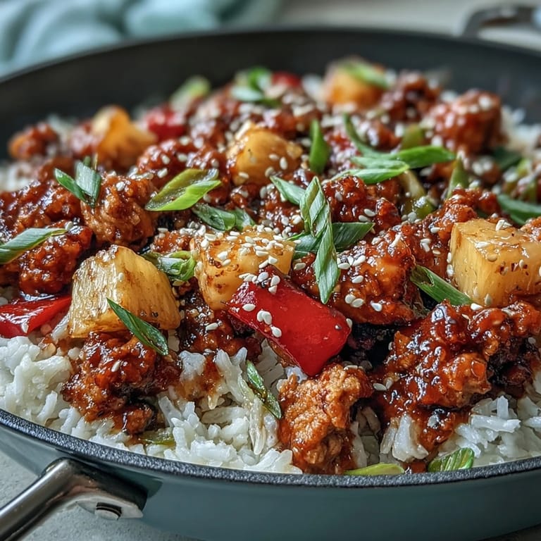 Spoon serving Sweet-and-Sour Turkey Rice Skillet with optional fried egg, sesame seeds, and scallions for a weeknight dinner.