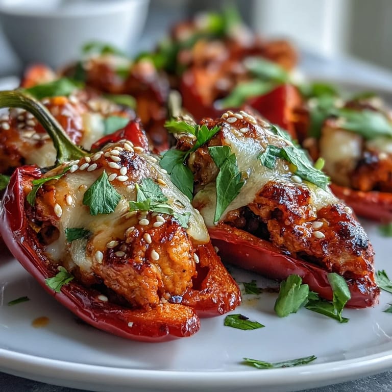 Oven-baked sweet pepper halves brim with spicy Korean-Style Turkey Stuffed Sweet Peppers, garnished with sesame seeds and herbs alongside steamed rice for a complete weeknight meal.