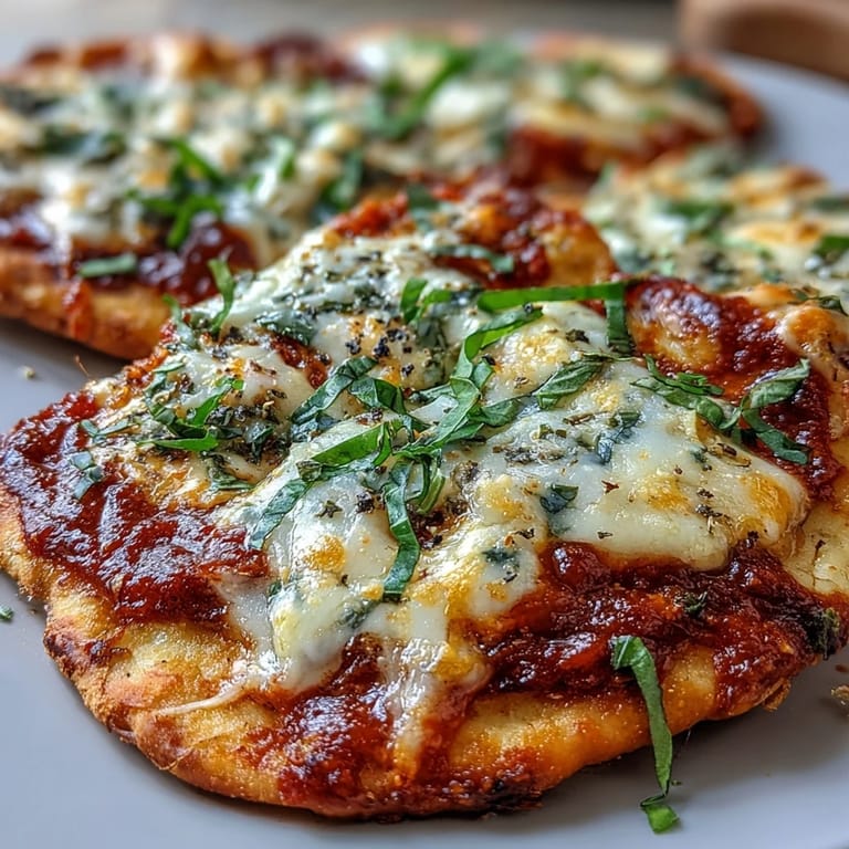 Four individual Garlic Naan Margherita Pizzas ready to serve with marinara sauce and olive oil drizzle.