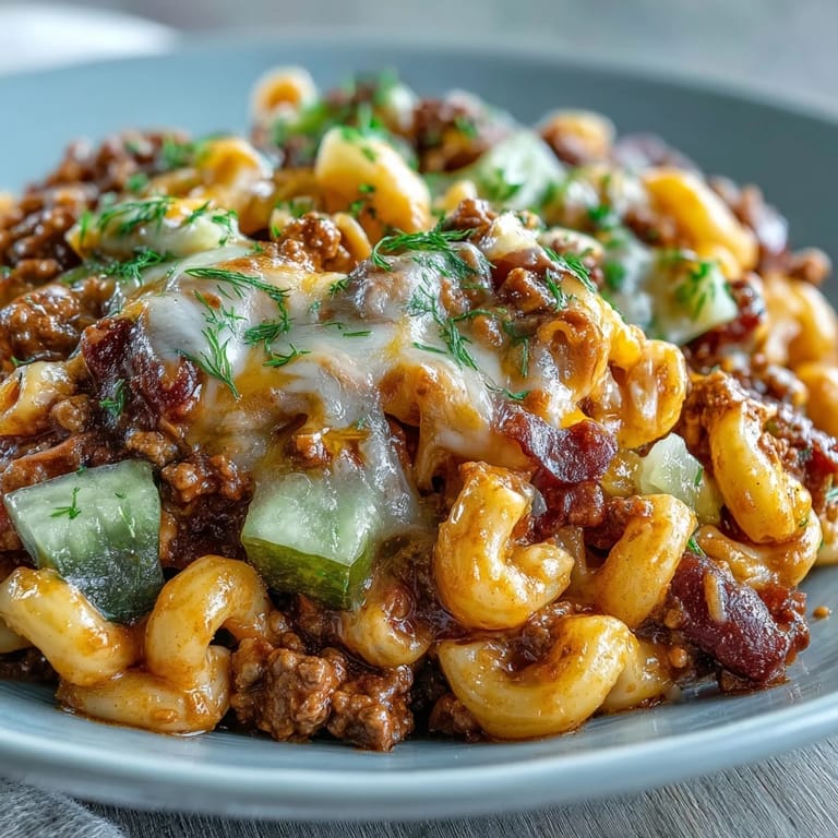 A spoon scoops into One-Pan Cheeseburger Chili Mac, showing ground beef, macaroni, and a creamy sauce.