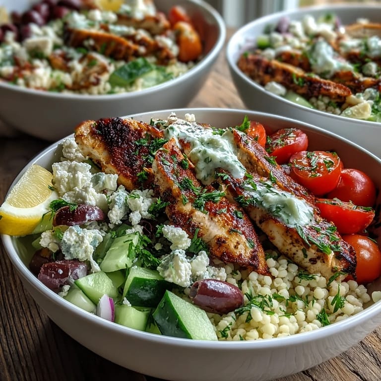Fluffy pearl couscous salad with crisp cucumber and Kalamata olives serves as the base for these zesty Mediterranean Pearl Couscous Chicken Bowls.