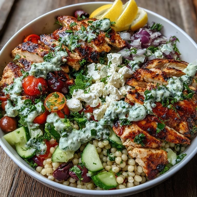 Golden-brown chicken pieces rest beside a colorful mix of vegetables and tangy feta cheese in these hearty Mediterranean Pearl Couscous Chicken Bowls.