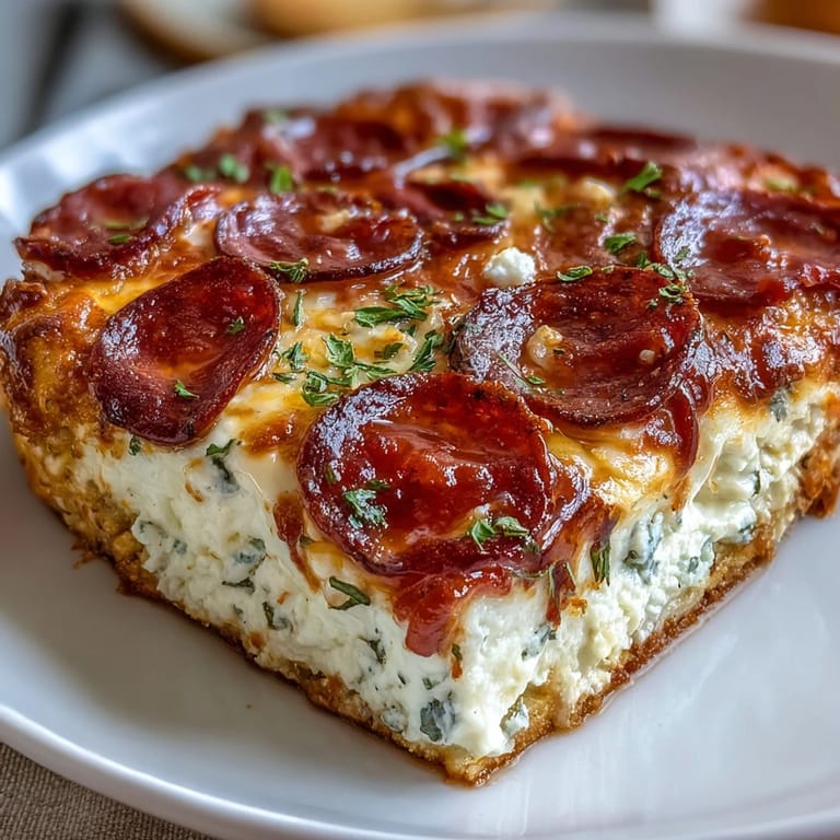 The finished High-Protein Pizza Breakfast Casserole, sliced to reveal fluffy egg layers and melted mozzarella, ready to serve for a busy morning.