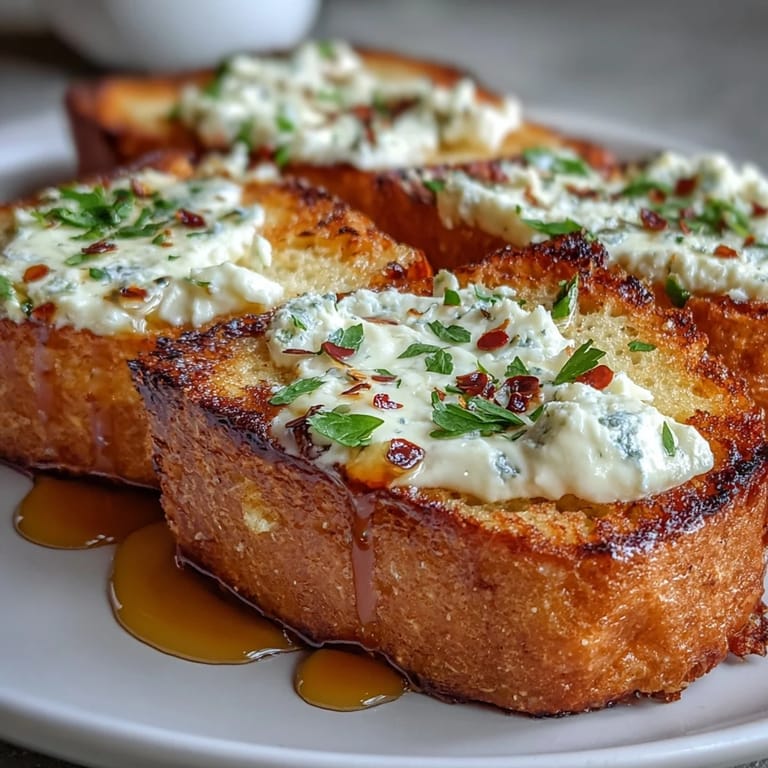 Sliced Hot Honey Ricotta Garlic Bread arranged on a wooden board, showing toasted crust and melted ricotta-garlic topping.