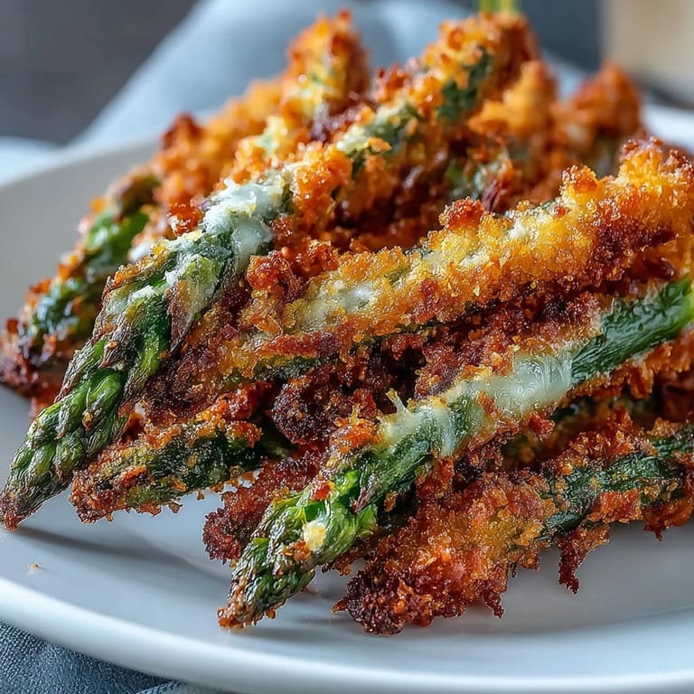 Freshly baked Crispy Chili-Garlic Asparagus Fries topped with melted Asiago cheese and a sprinkle of chili flakes on a rustic wooden board.