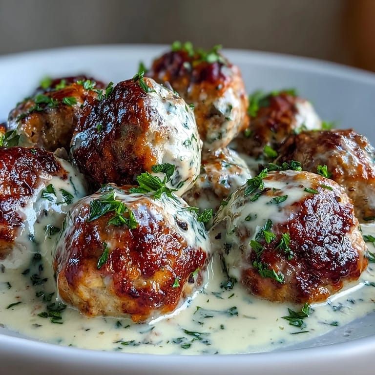 Tender Creamy Garlic Ranch Turkey Meatballs in a rich white sauce are served over fluffy mashed potatoes.