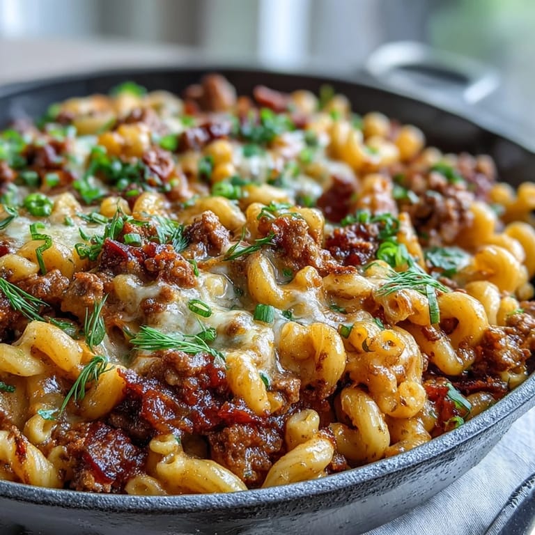 Overhead view of One-Pan Cheeseburger Chili Mac in a dark pan, garnished with pickles and green onions, ready to serve.