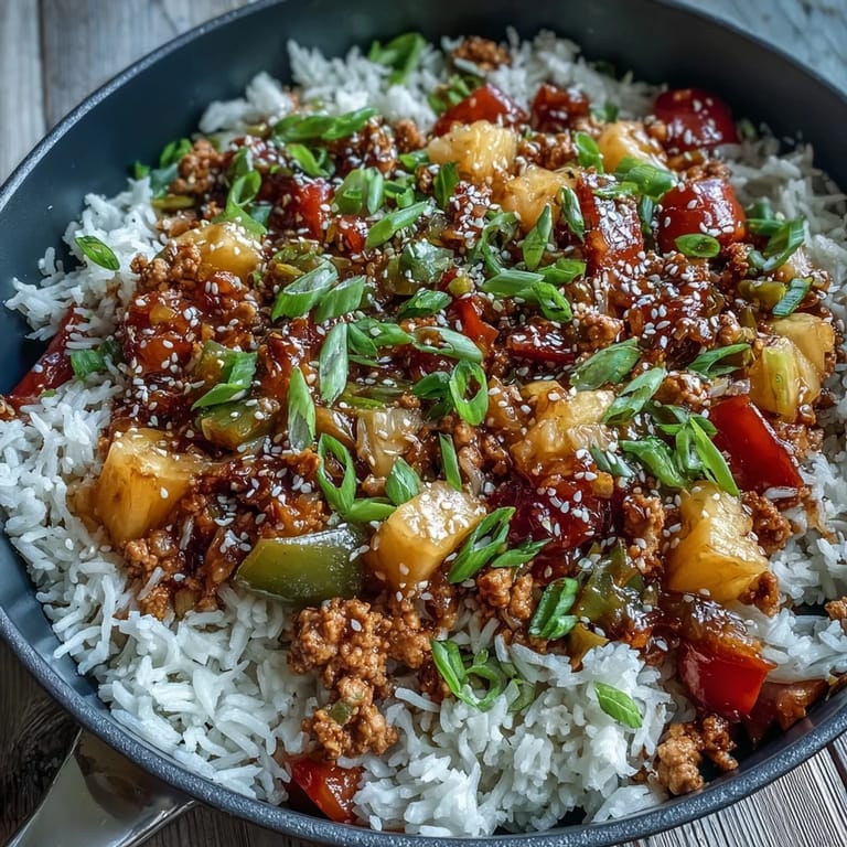 Overhead view of a hot Sweet-and-Sour Turkey Rice Skillet, featuring golden ground turkey mixed with fluffy rice, red peppers, and pineapple.