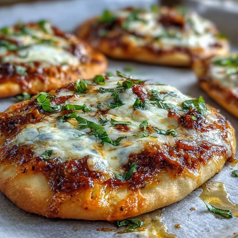 Sliced Garlic Naan Margherita Pizzas on a rustic board, ready to serve with extra marinara.