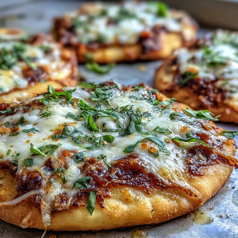 Close-up of a cheesy Garlic Naan Margherita Pizza with melted mozzarella and garlic butter brushed naan.