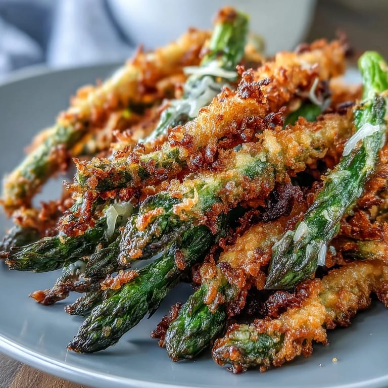 Perfectly cooked Crispy Chili-Garlic Asparagus Fries garnished with fresh herbs and served on a rustic platter.