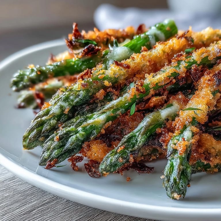 Close-up of golden Crispy Chili-Garlic Asparagus Fries revealing a spicy, garlicky panko coating and tender green tips.