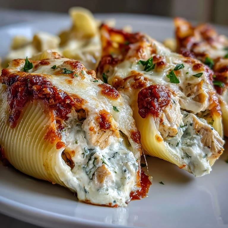 Tender pasta shells filled with creamy pesto chicken and Greek yogurt, served in zesty marinara sauce.