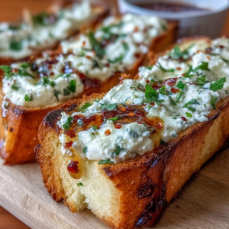 Spicy-sweet hot honey drizzled over warm Hot Honey Ricotta Garlic Bread slices ready to serve.