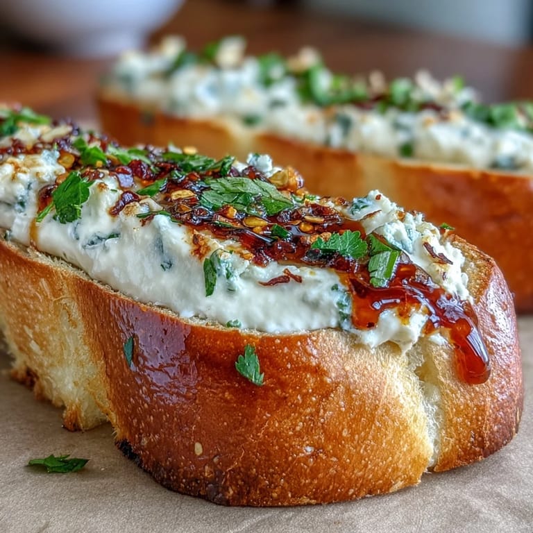 Freshly baked Hot Honey Ricotta Garlic Bread on a tray, garnished with herbs and a spicy honey drizzle.