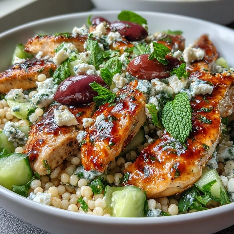 Close-up of a Mediterranean Pearl Couscous Chicken Bowl showing juicy marinated chicken, bright cherry tomatoes, and fluffy couscous tossed in a lemony dressing.