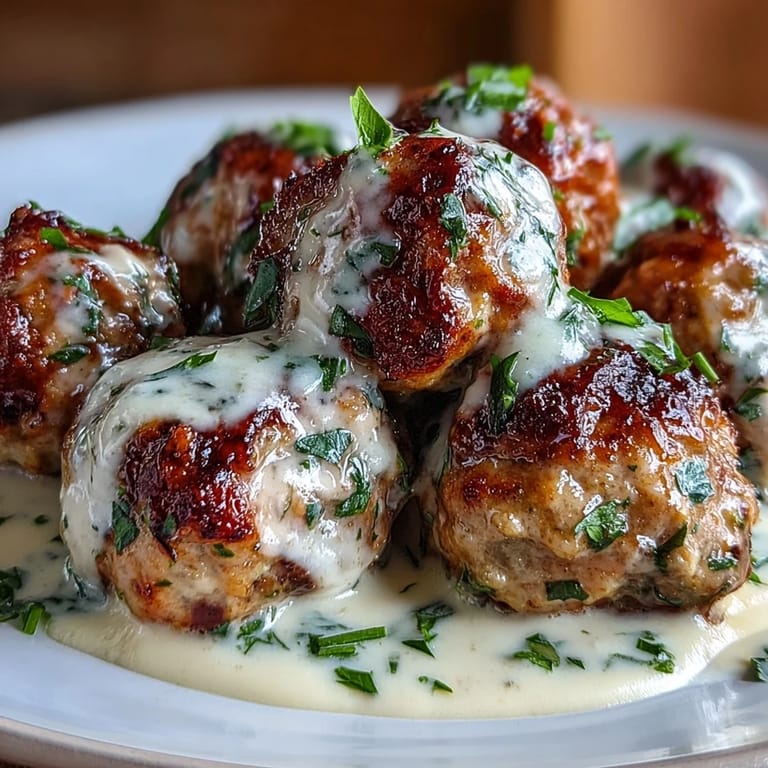 Overhead view of baked Creamy Garlic Ranch Turkey Meatballs in a skillet, smothered in garlic cream sauce and sprinkled with chives.