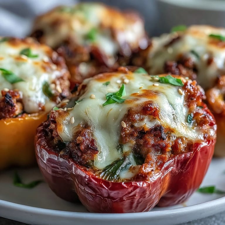 Roasted sweet peppers packed with Korean-style turkey, glowing under cheese, ready to serve with rice for dinner.