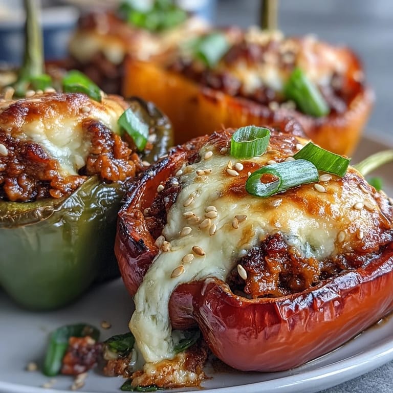Savory Korean-spiced turkey stuffed sweet peppers garnished with green onions and sesame seeds on a rustic platter.