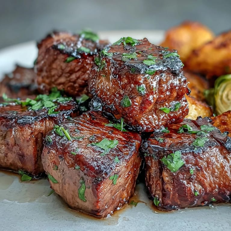 Close-up of juicy Keto Lemon Garlic Butter Steak Bites glazed in sauce, served with roasted Brussels sprouts.