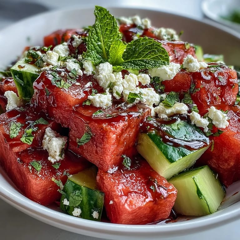 A close-up view of watermelon feta cucumber salad with balsamic glaze drizzled over crumbled cheese on a platter.