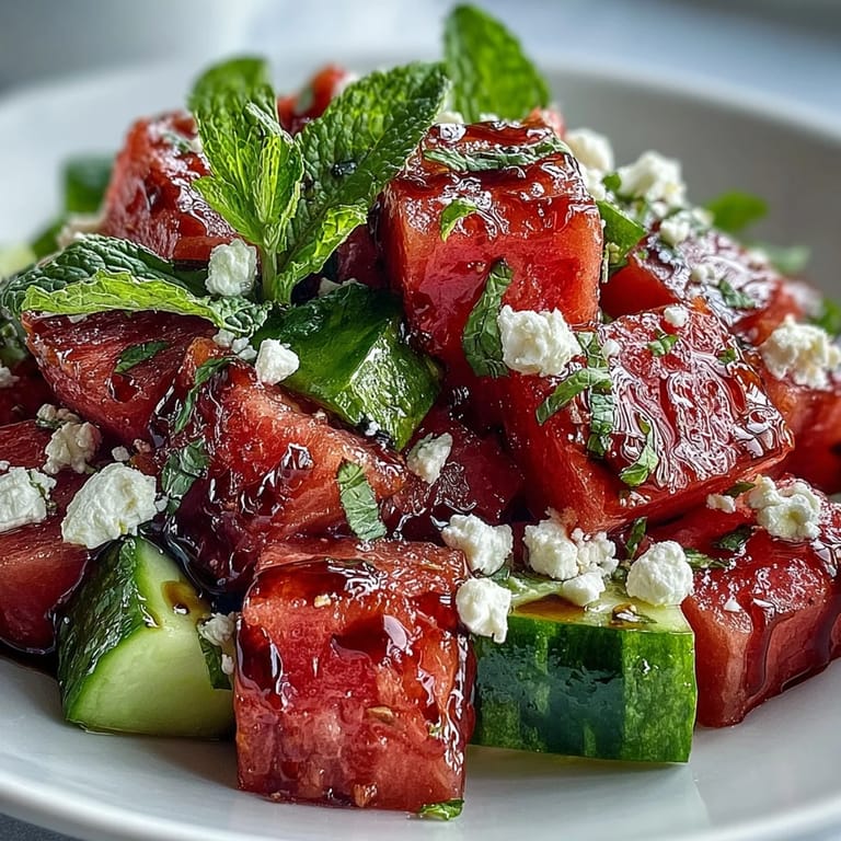Bright Mediterranean salad of watermelon feta cucumber salad with balsamic glaze served on a table with summer drinks.
