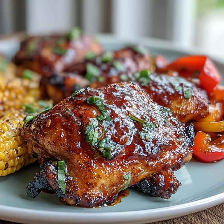 A close-up of tender roasted chicken and smoky vegetables, showcasing an easy weeknight Sheet Pan BBQ Chicken dinner perfect for a busy American family.