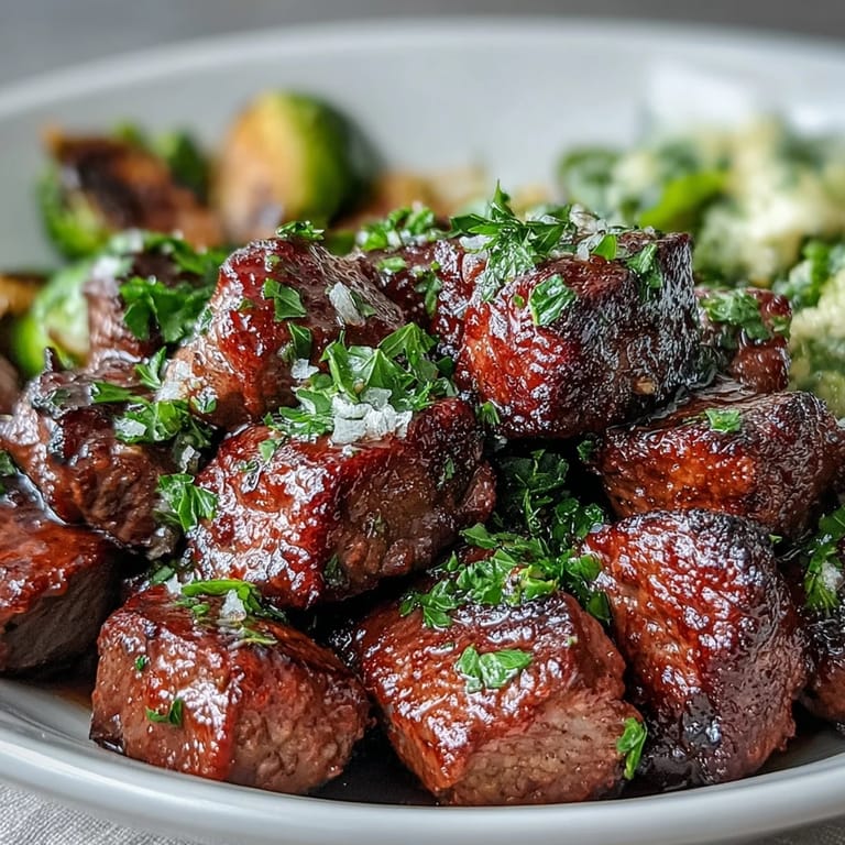 A skillet of sizzling Keto Lemon Garlic Butter Steak Bites, topped with fresh parsley, beside charred Brussels sprouts. 