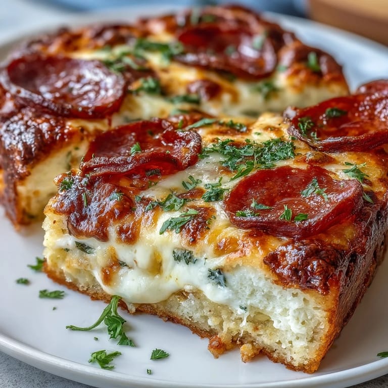 Slices of High-Protein Pizza Breakfast Casserole are plated, showing melted mozzarella and cheddar on a savory Greek yogurt dough crust.