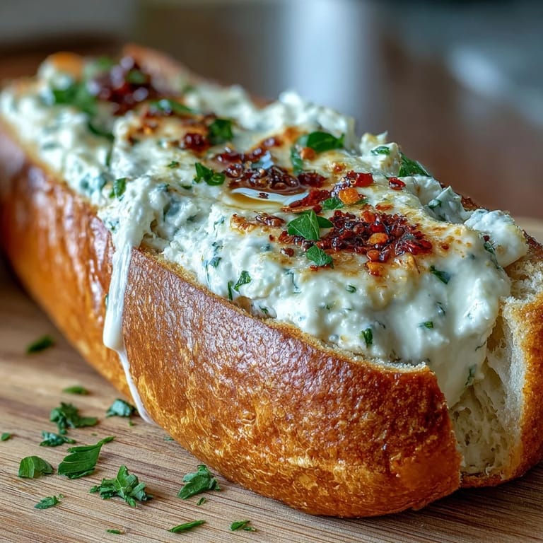Freshly baked Hot Honey Ricotta Garlic Bread on a tray, garnished with herbs and a spicy honey drizzle.