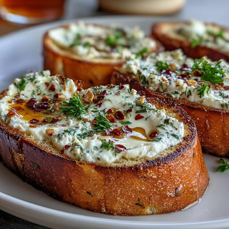 Spicy-sweet hot honey drizzled over warm Hot Honey Ricotta Garlic Bread slices ready to serve.