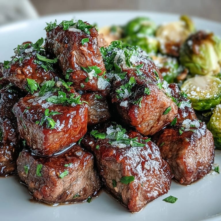 Close-up of juicy Keto Lemon Garlic Butter Steak Bites glazed in sauce, served with roasted Brussels sprouts.