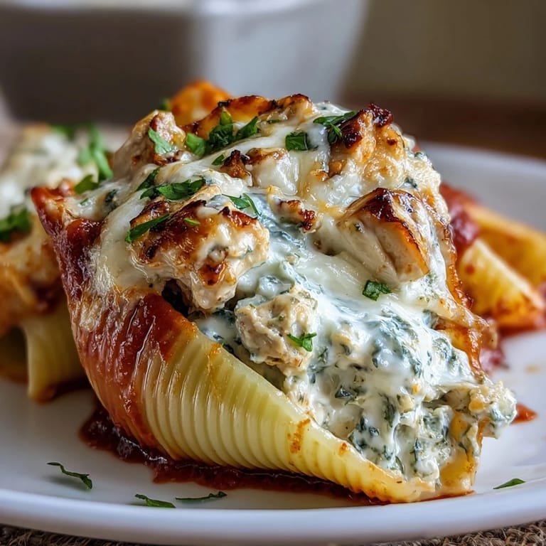 Lighter Italian-American stuffed shells featuring pesto chicken filling, baked until bubbly with golden mozzarella cheese topping.