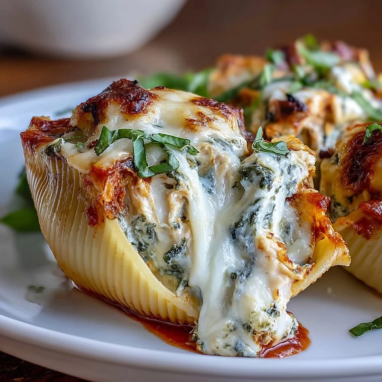 Jumbo pasta shells filled with tender shredded chicken, spinach, and pesto-ricotta blend, smothered in tangy tomato sauce.  