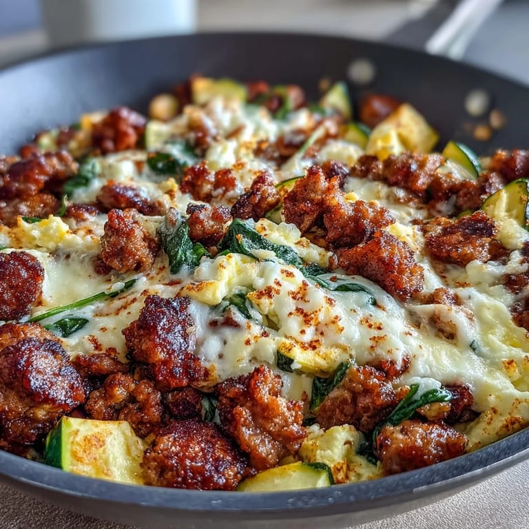 Hearty keto breakfast scramble featuring savory sausage, zucchini, and spinach for a low-carb start.  