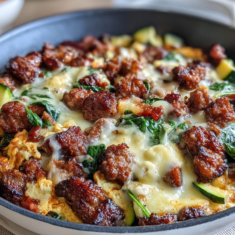 Fluffy scrambled eggs mixed with sausage and fresh veggies in a keto-friendly breakfast dish.