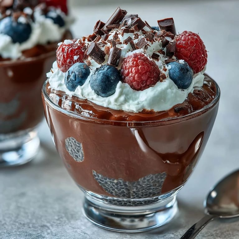 Rich chocolate chia pudding parfait topped with airy coconut whip and vibrant berries, perfect for a guilt-free vegan treat.